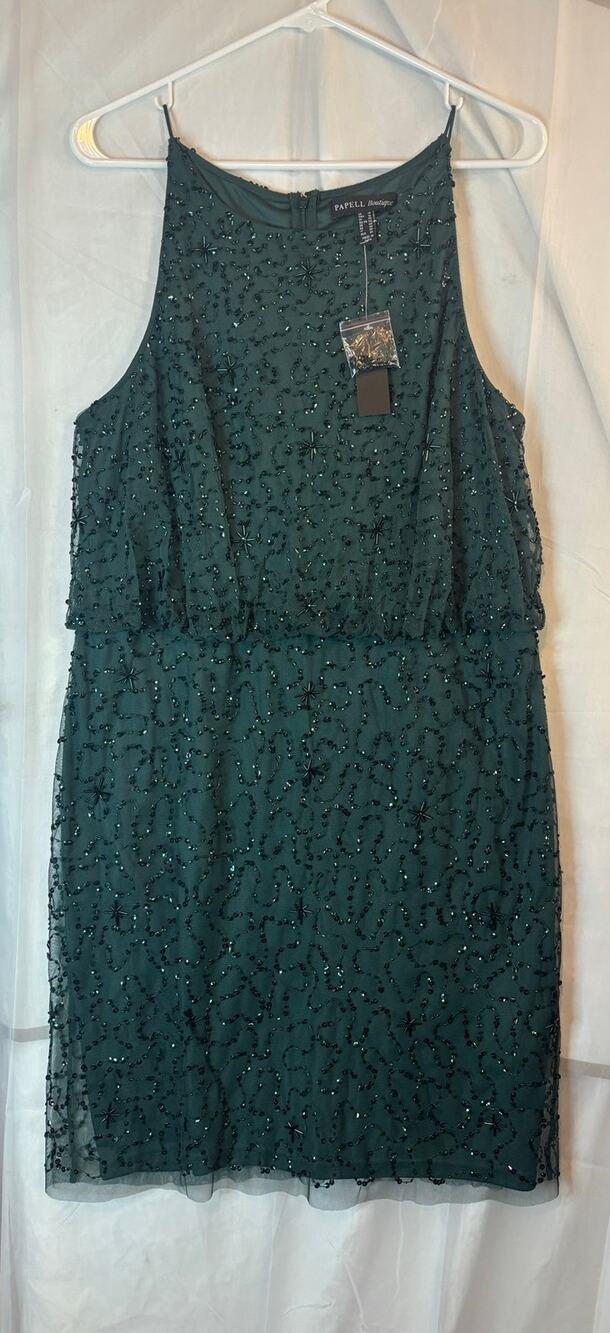 Adrianna Pappel Green Sleeveless Beaded Mini Dress Size 16 NWT